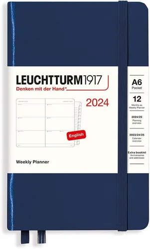 LEUCHTTURM1917 - Agenda semanal 2024 con folleto adicional, bolsillo (A6) tapa dura, azul marino (1 de enero - 31 de diciembre de 2024)