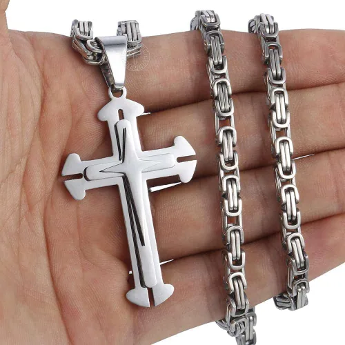 Miniatura 9 de Trendsmax - Collar con colgante de cruz para hombre, acero inoxidable, cadena bizantina de 22 24 26 28 30 pulgadas