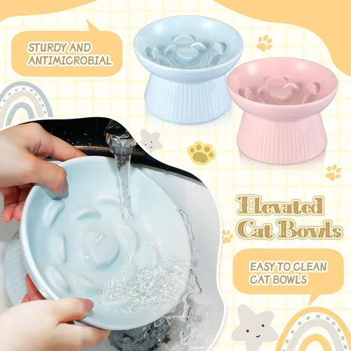 Miniatura 3 de Layhit Paquete de 2 cuencos elevados de alimentación lenta para gatos, cuencos elevados de cerámica para comida para gatos, anti vómitos, comedero