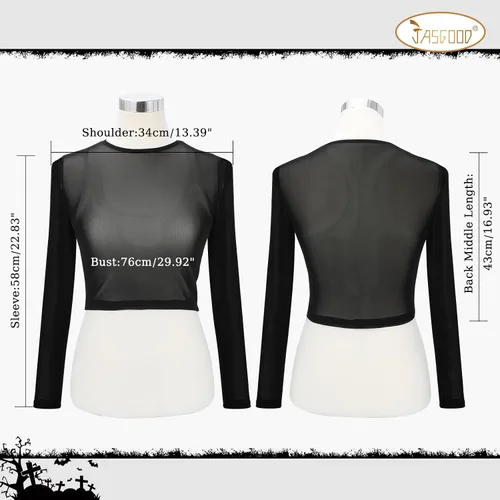 Miniatura 8 de JASGOOD Camiseta corta de malla para mujer, de manga larga, transparente, blusa transparente