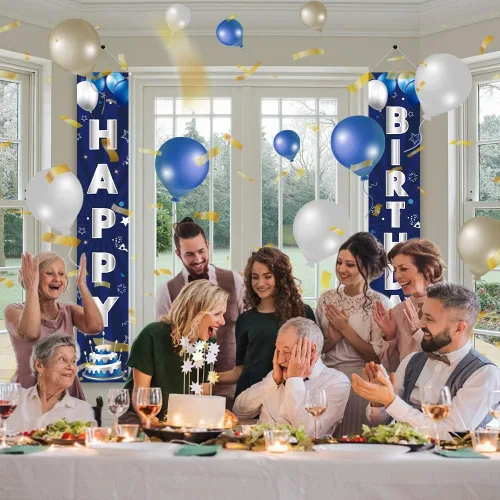 Miniatura 3 de Pancarta de Decoraciones de Cumpleaños Azul Plateado, Letrero de Puerta de Feliz Cumpleaños, Poliéster, 72 x 12 Pulgadas, para Hombres Mujeres Niños