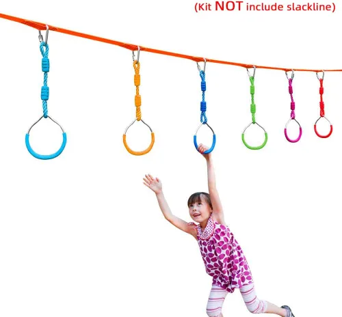 Miniatura 7 de Anillo de gimnasia con columpio para curso de obstáculos de guerrero Slackline, equipo de entrenamiento de trapecio y puño, 2 barras ninja moradas