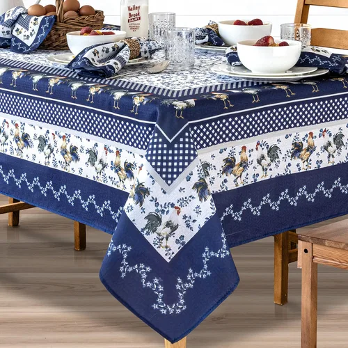 Miniatura 5 de Home Bargains Plus Mantel rectangular de tela, 52 x 70 pulgadas, gallo azul provenzal, resistente a las arrugas, el agua y las manchas, color granja