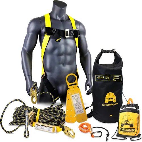 KwikSafety - Charlotte, NC - Kit TSUNAMI [cuerda trenzada de alta calidad] Línea de vida vertical, arnés de seguridad de anillo 1-D, cordón ligero