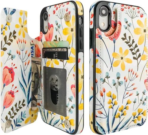HAOPINSH Funda tipo cartera para iPhone XR con tarjetero y diseño floral de flores en la parte trasera, de piel sintética, con ranuras para Floral