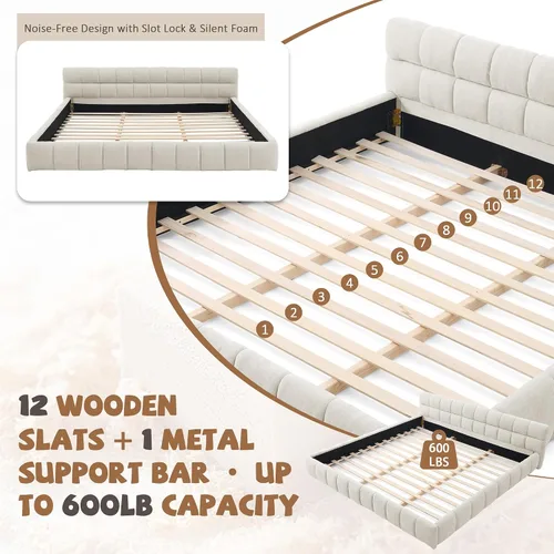 Miniatura 7 de Base de cama tapizada tamaño California King con tela de felpilla gruesa, cama de plataforma con cabecero copetudo, marco de madera maciza, diseño