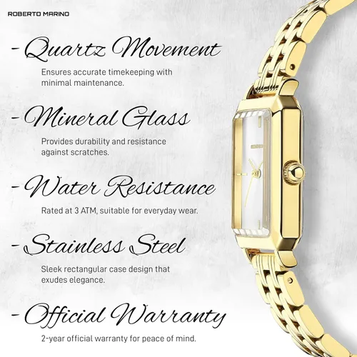 Miniatura 6 de Roberto Marino RM1982 Reloj de Lujo para Mujer Rectangular en Oro Movimiento de Cuarzo Japonés, Diseño Vintage de Acero Inoxidable, Esfera