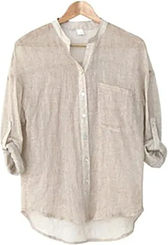Miniatura 4 de Women's Roll-Up Cuffed HalfLong Sleeve Linen Shirts Blouse Solid Summer Cotton Tops Button Down V-Neck Blouse T Shirt