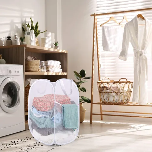 Miniatura 6 de BATTOO Cesta para ropa sucia de malla fuerte de lujo tipo pop-up con bolsillo lateral, plegable para cuarto de lavandería, baño, habitación