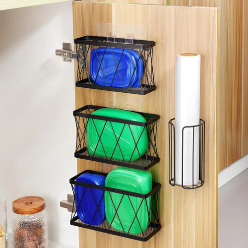 Miniatura 8 de YIGII Paquete de 3 Organizadores Adhesivos para Gabinete - Organizador de Puerta de Despensa Montado en la Pared, Soporte de Contenedor para Tapas