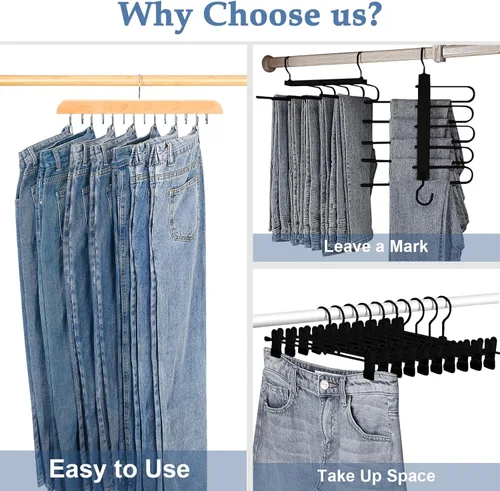 Miniatura 3 de Ganchos para jeans para armario, 14 ganchos de madera para jeans que ahorran espacio, soporte giratorio de 180° para faldas, pantalones cortos