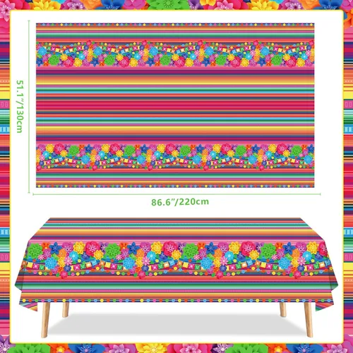 Miniatura 3 de Mantel de plástico para fiesta mexicana, 4 unidades, diseño de flores de papel a rayas mexicanas, decoración rectangular para fiesta de taco