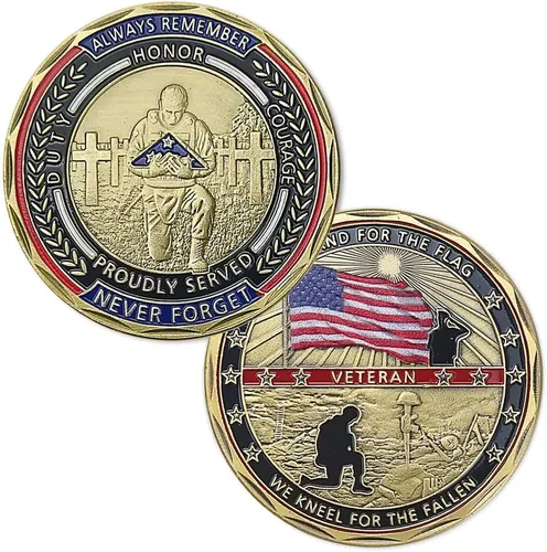 Miniatura 5 de AtSKnSK Moneda de Desafío Militar de EE. UU. Moneda de Veterano - Apoyar la Bandera, Arrodillarse por los Caídos