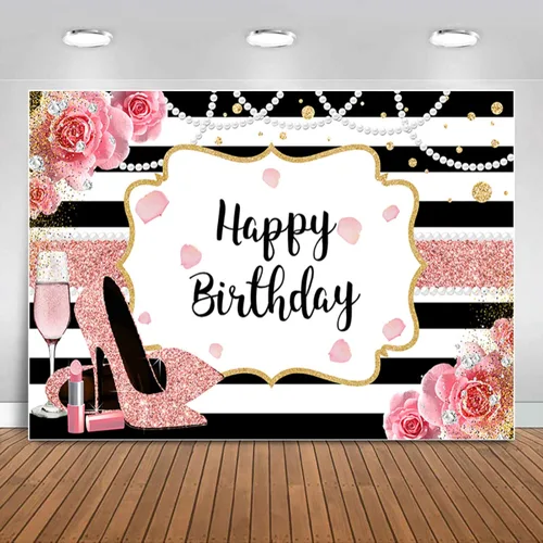 Sensfun Cartel de fondo de feliz cumpleaños floral rosa de 7 x 5 pies para mujer, fondo de fotografía de tacón alto dorado rosa con purpurina para