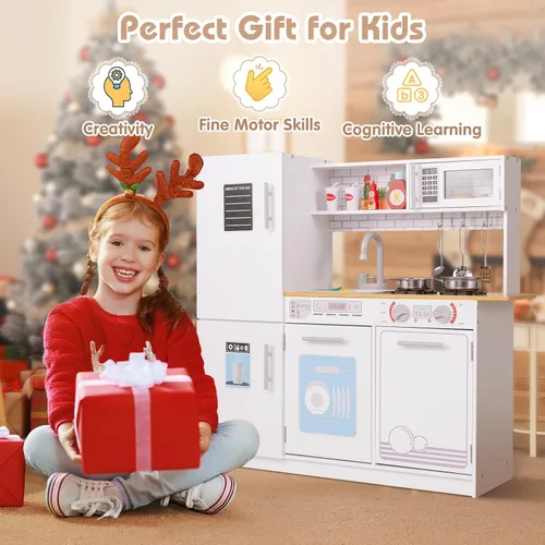 Miniatura 9 de Costzon Juego de cocina para niños, juego de cocina de juguete de madera con pizarra, grifo, fregadero, horno, microondas, lavavajillas, accesorios