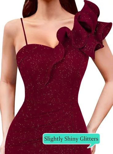 Miniatura 3 de VFSHOW Vestido largo con volantes y tirantes para mujer, fruncido, formal, para graduación, boda, cuello en V, elegante, dividido, cóctel, noche