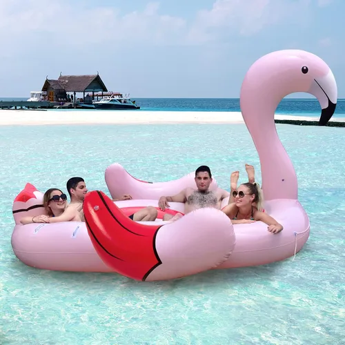 Miniatura 10 de Goplus Isla flotante de cisne inflable gigante, flotador de piscina para 4 personas con 4 soportes para tazas, muelle flotante recreativo para lago