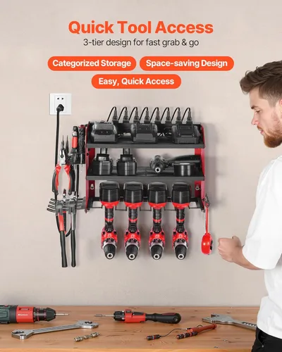 Miniatura 2 de VEVOR Organizador de herramientas eléctricas con estación de carga, estante de almacenamiento para taladros de 3 capas con 4 soportes para taladros