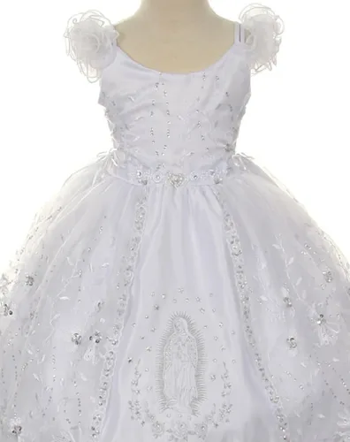 Miniatura 4 de BluNight Collection Vestido de bautizo de bebé con hombros descubiertos y bordado de Virgen María