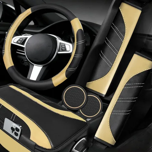 NBTEPEM Juego de 6 accesorios de automóvil beige, funda de cuero deportivo para volante de 14.5 a 15 pulgadas, universal, funda de cuero de