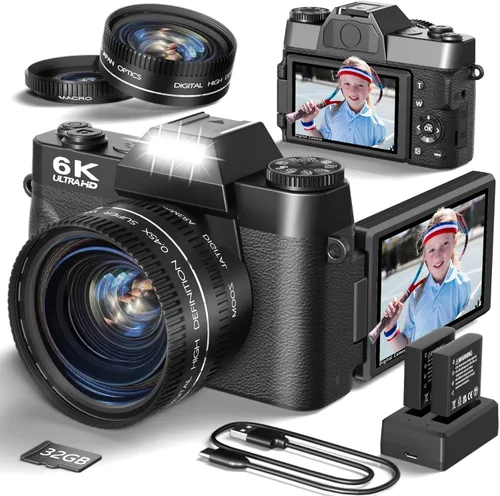 Cámara Digital 6K para Fotografía, Cámara de Vlogging de 64MP para YouTube con Pantalla Abatible de 3" 180°, Zoom 16X con Enfoque Automático Cámaras