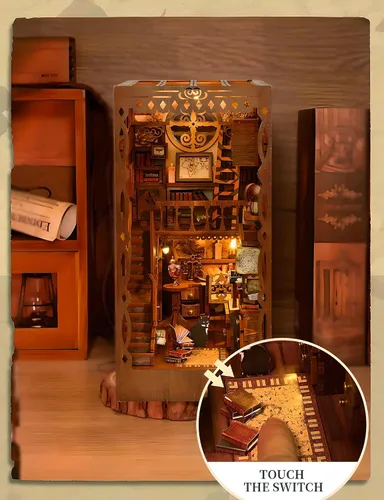 Miniatura 4 de Kit de rincón de libros en miniatura para bricolaje, biblioteca de sueños académicos con luz LED, rompecabezas de diorama de sujetalibros de madera