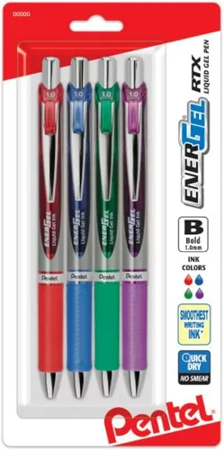 Pentel EnerGel RTX - Bolígrafo de gel líquido retráctil, (1.0mm) punta de metal, línea gruesa, tinta de colores surtidos (rojo, azul, verde, violeta)