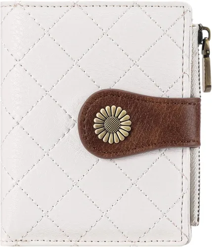FALAN MULE Billetera pequeña para mujer, plegable, con bloqueo RFID, portatarjetas de piel con bolsillo con cremallera para monedas Blanco/Marrón