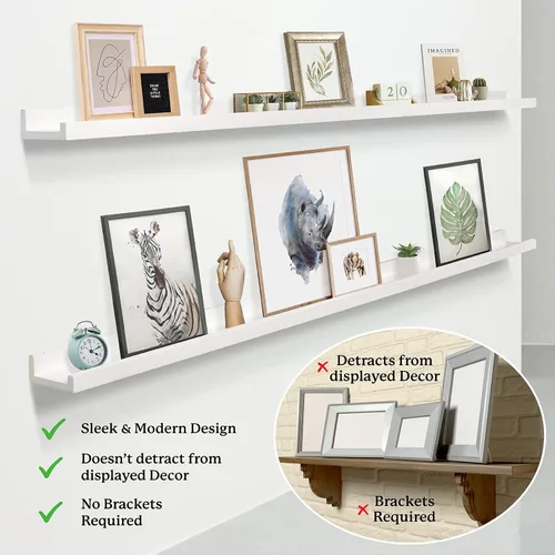 Miniatura 5 de Kraftex Estante de repisa para pared [blanco, 60 pulgadas, paquete de 2] Estantes flotantes estrechos para fotos e imágenes. Estante de exhibición