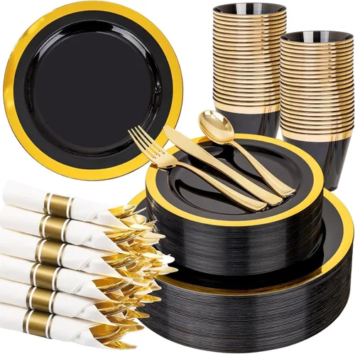 YOUBET - 350 piezas de platos de plástico negro y dorado - Juegos de vajilla desechable dorada para 50 invitados - 100 platos de plástico, 150