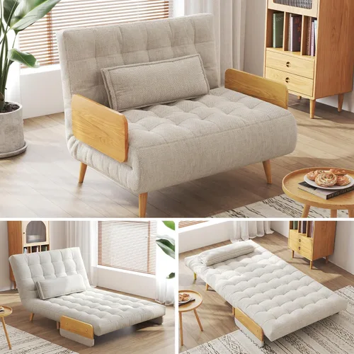 Miniatura 15 de JASIWAY Silla convertible para adultos, silla futón convertible 3 en 1 de lino con almohada, sofá cama individual plegable, cama de invitados