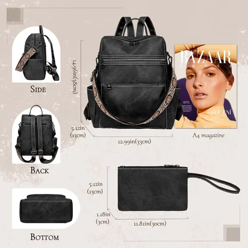 Miniatura 2 de Mochila para mujer, mochila impermeable de piel sintética, ligera, a la moda, multiusos, convertible, mochila de viaje, bolso de hombro, color negro