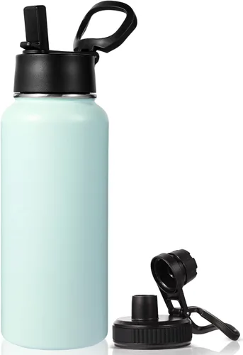 Miniatura 15 de Neihepal Botella de agua aislada de 32 onzas con 2 tapas (tapa con pajilla y boquilla), botellas de agua de doble pared de acero inoxidable 18/8