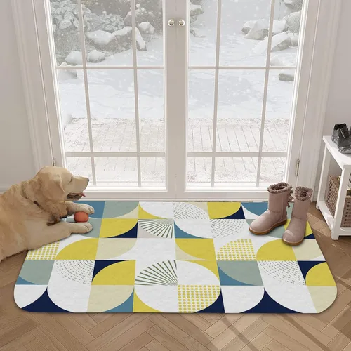 Miniatura 3 de Tapete de baño antideslizante, estilo nórdico, amarillo y blanco, tapete de medio círculo absorbente de agua, tapete de cocina moderno de arte