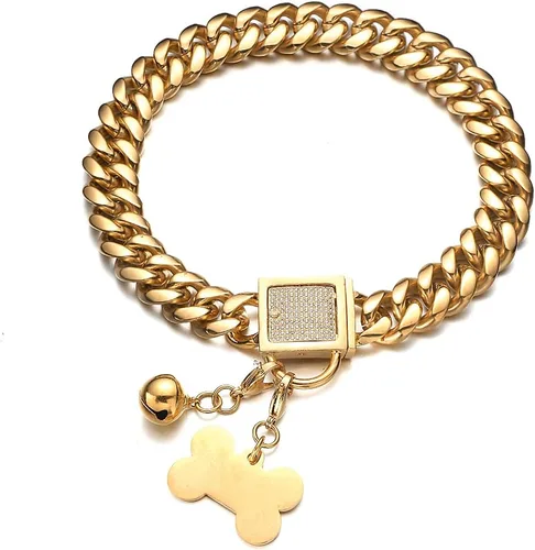 Miniatura 2 de Collar de cadena fuerte para perros grandes, eslabones cubanos dorados de acero inoxidable con hebilla de circonita cúbica, cadena de metal de 0.71