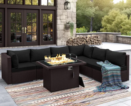 Miniatura 20 de NICESOUL Juego de muebles de patio para exteriores de 7 piezas con mesa para hoguera, gas natural y propano convertible, respaldo alto de 29.3