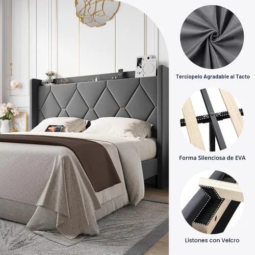 Miniatura 6 de Allewie Base de cama tapizada Velvet Queen con cabecera de almacenamiento con respaldo alado y estación de carga, cama de plataforma con diseño Gris