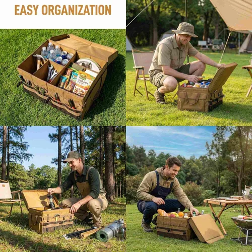 Miniatura 4 de Organizador grande de maletero de 70 L, organizador de maletero con tapa, caja de almacenamiento de carga plegable, marrón, 4 compartimentos