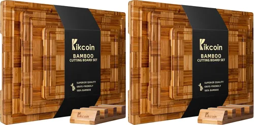 Miniatura 8 de Juego de 3 tablas de cortar de bambú extra grandes (juego de 3) tablas de cortar con ranura para jugo, juego de tablas de cortar de madera de bambú