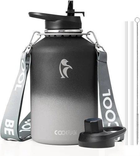 Miniatura 11 de Botella de agua Coolflask de 40 onzas con correa, botella de agua metálica aislada con popote y tapas con pico, acero inoxidable de doble pared al