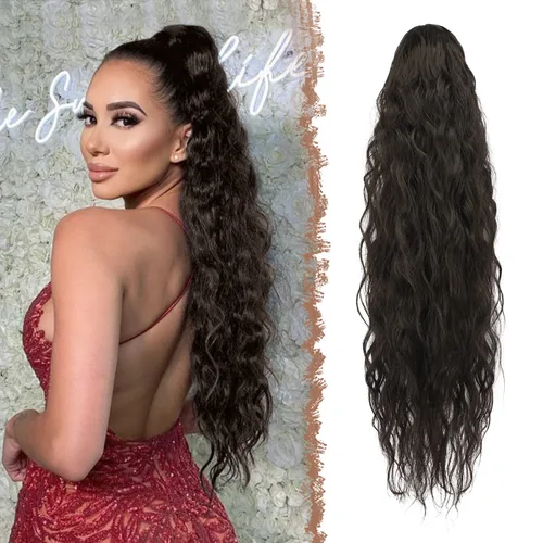 Miniatura 8 de FESHFEN Extensiones de cola de caballo – 26 pulgadas cordón largo rizado ondulado clip en colas de caballo pelo sintético extensiones de cola