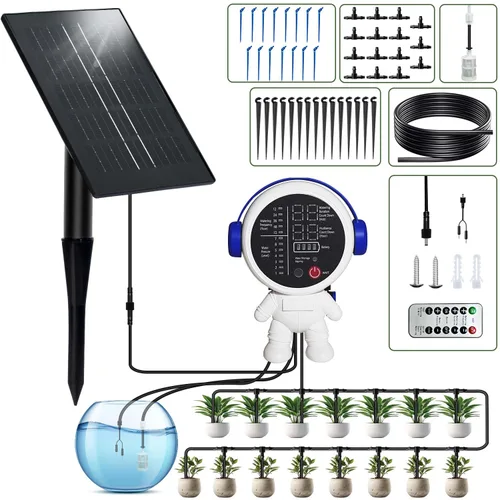 Sistema de riego solar por goteo para jardín/exterior/interior, sistema de riego automático solar de jardín para 15 plantas en maceta, agua