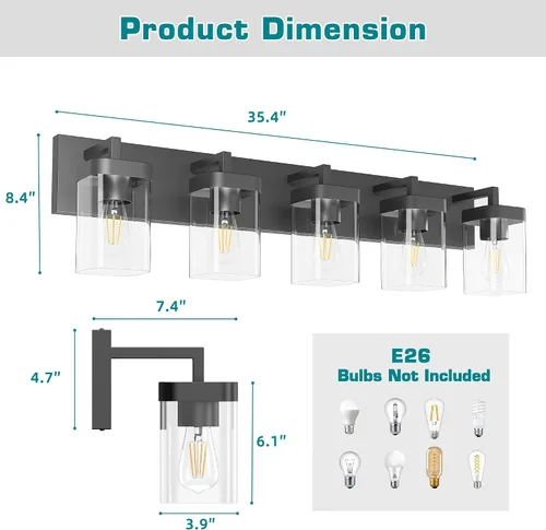 Miniatura 3 de Juego de 2 apliques de pared, diseño cuadrado, accesorios de iluminación de baño con pantalla de vidrio transparente, luces de pared negras mate