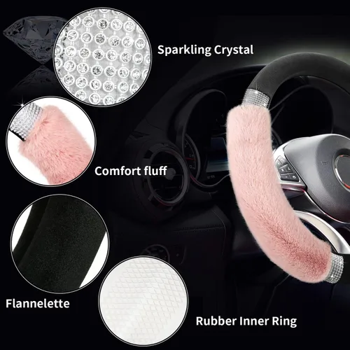 Miniatura 5 de Achiou - Funda de volante esponjosa con diamantes de imitación, cómoda lana sintética de lujo antideslizante, ajuste universal para volantes de 14.5