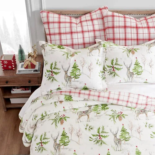 Miniatura 2 de Levtex Home - Juego de edredón con campanillas de trineo - Edredón individual 68x88 + una funda de almohada estándar 20x26 - Árbol de Navidad y reno