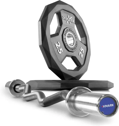 XMark Olympic Bar - Barra rizadora con pesas, par de pesas olímpicas o juego de discos olímpicos de diamante negro, calidad premium, revestimiento