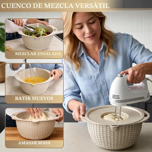 Miniatura 6 de Juego de colador 4 en 1 con tazón, cuenco colador giratorio de 360° patentado con 3 ralladores, tapa a presión y base antideslizante, divertido