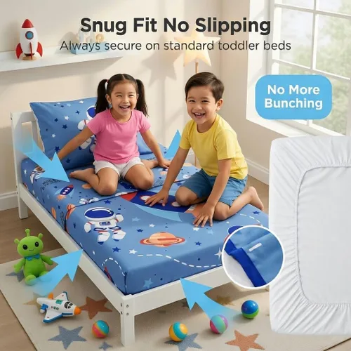 Miniatura 6 de EVERYDAY KIDS Juego de ropa de cama de 4 piezas para niños pequeños – Aventuras del espacio exterior – Incluye edredón, sábana encimera, sábana