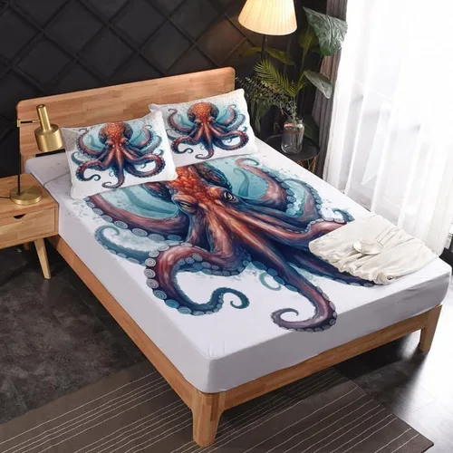Miniatura 2 de Octopus Sheets - Juego de sábanas de tamaño individual, sábanas de microfibra suave, bolsillo profundo, sábanas y fundas de almohada estampadas sin