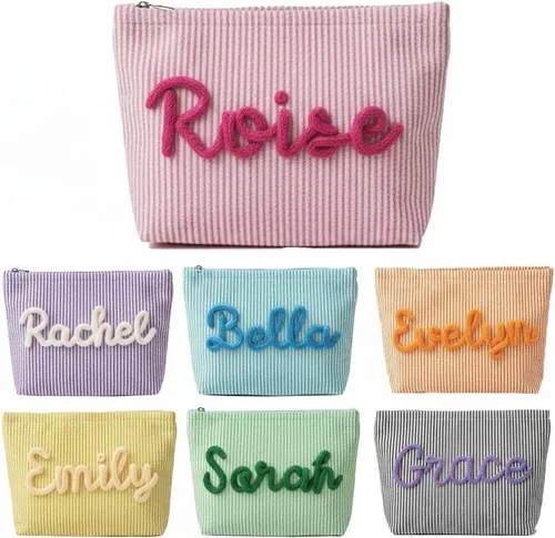 Miniatura 9 de Bolsa de cosméticos personalizada pequeña pana maquillaje bolsa de viaje organizador de cepillos de almacenamiento, Marrón